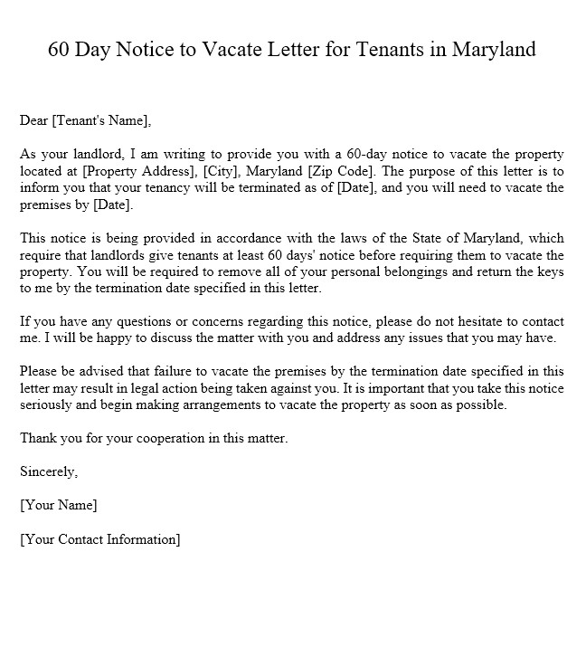 60 Day Notice To Vacate Maryland Sample Letter