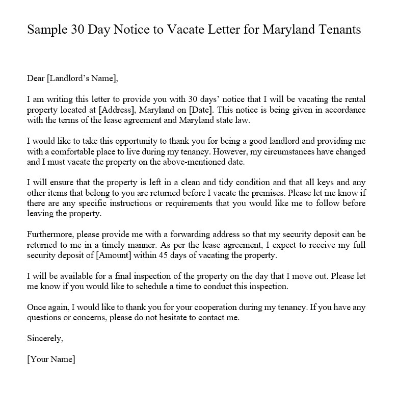 Sample 30 Day Notice To Vacate Letter For Maryland Tenants