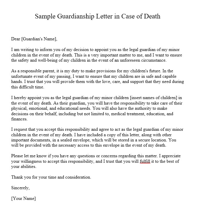 Sample Guardianship Letter In Case Of Death