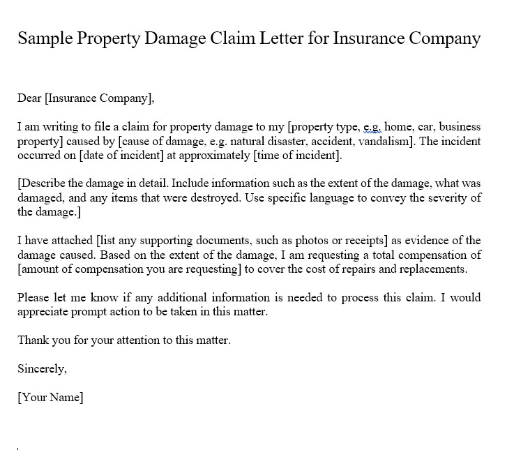Sample Property Damage Claim Letter For Insurance Company