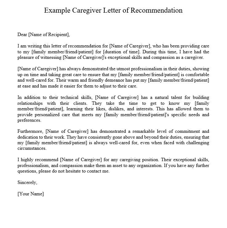 Caregiver Letter Of Recommendation Sample