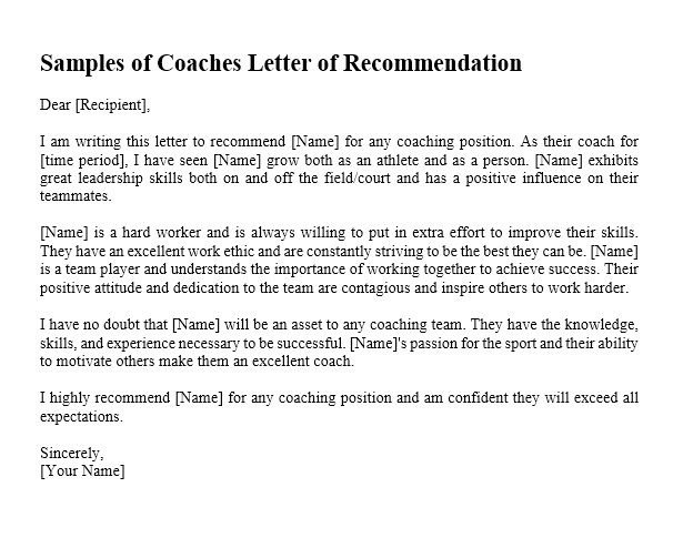Coaches Letter Of Recommendation Samples