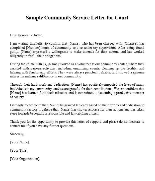 Community Service Letter For Court Sample