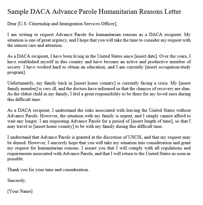Daca Advance Parole Humanitarian Reasons Letter Sample