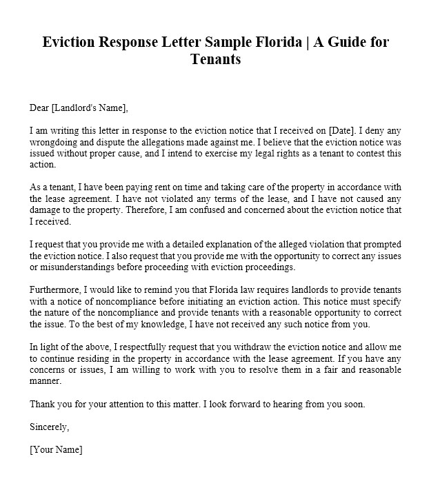Eviction Response Letter Sample Florida