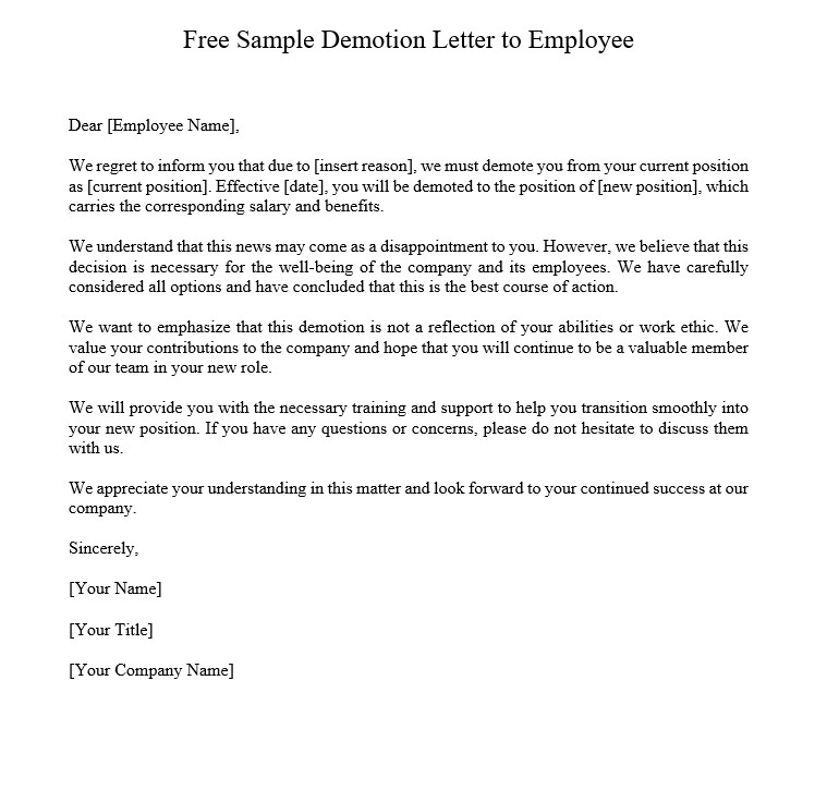 Free Sample Demotion Letter To Employee