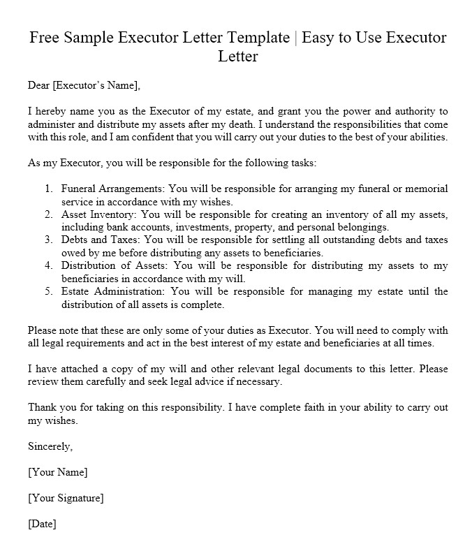 Free Sample Executor Letter Template