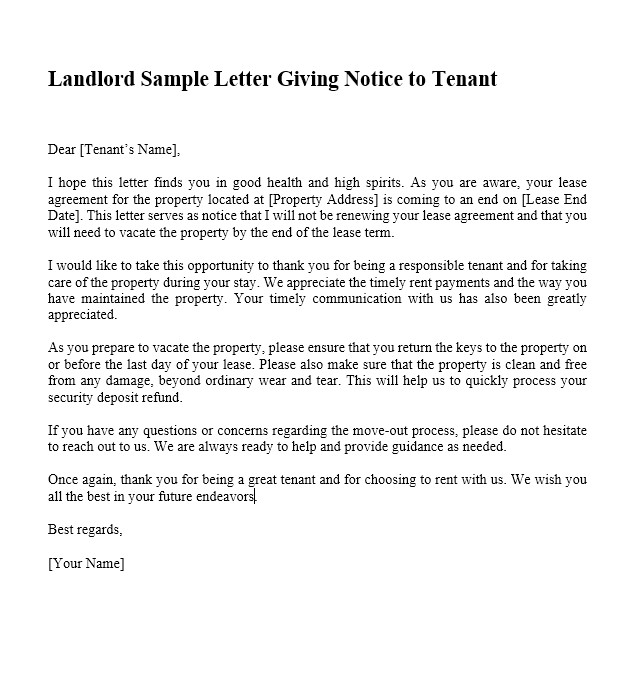 Landlord Sample Letter Giving Notice To Tenant