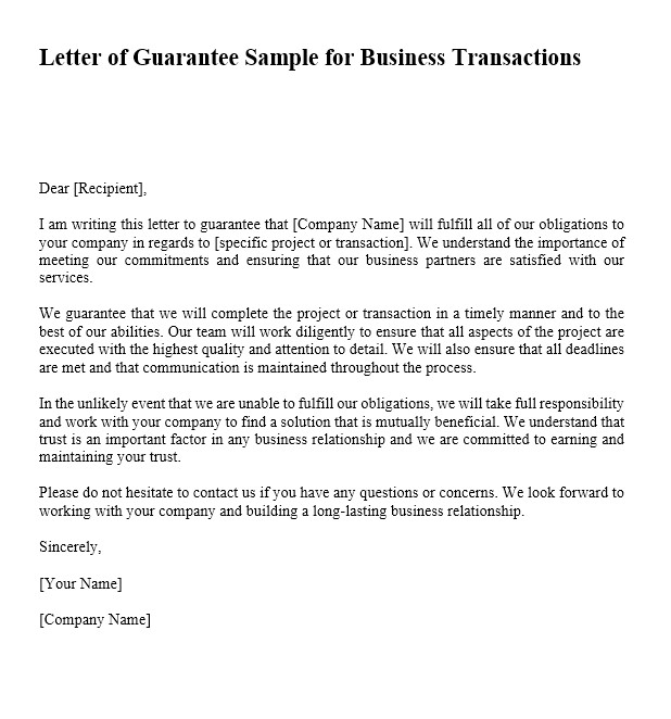Letter Of Guarantee Sample