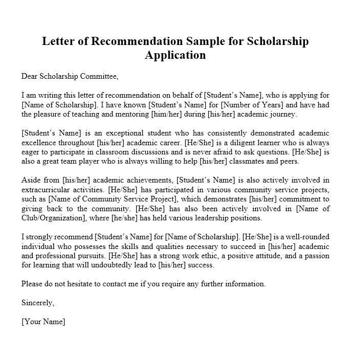 Letter Of Recommendation For A Scholarship Sample
