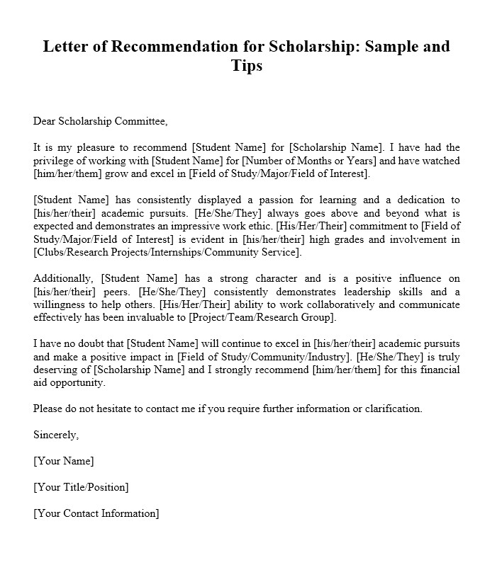 Letter Of Recommendation Scholarship Sample