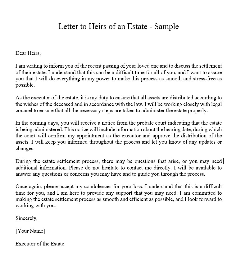 Letter To Heirs Of Estate Sample