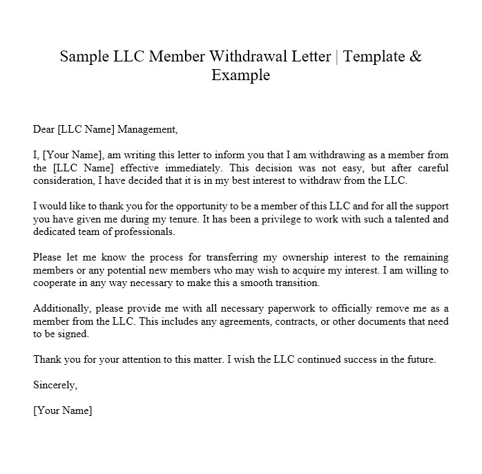 Llc Member Withdrawal Letter Sample