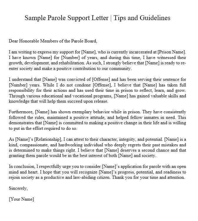 Parole Support Letter Sample