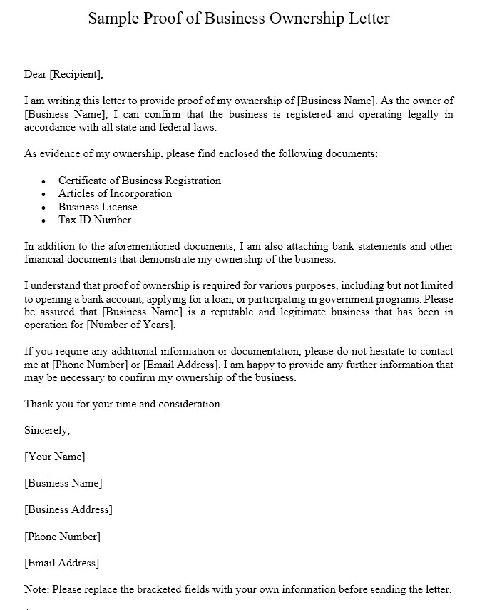 Proof Of Business Ownership Letter Sample