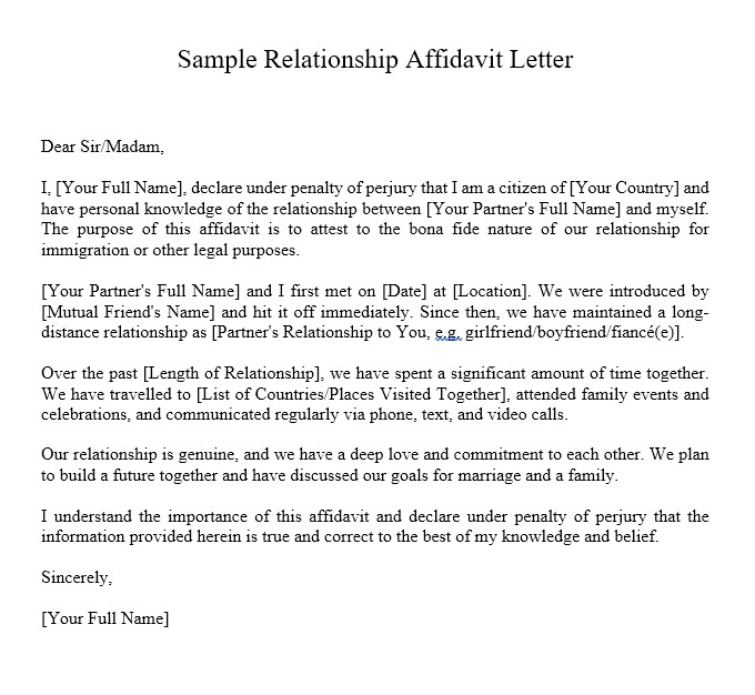 Relationship Affidavit Sample Letter
