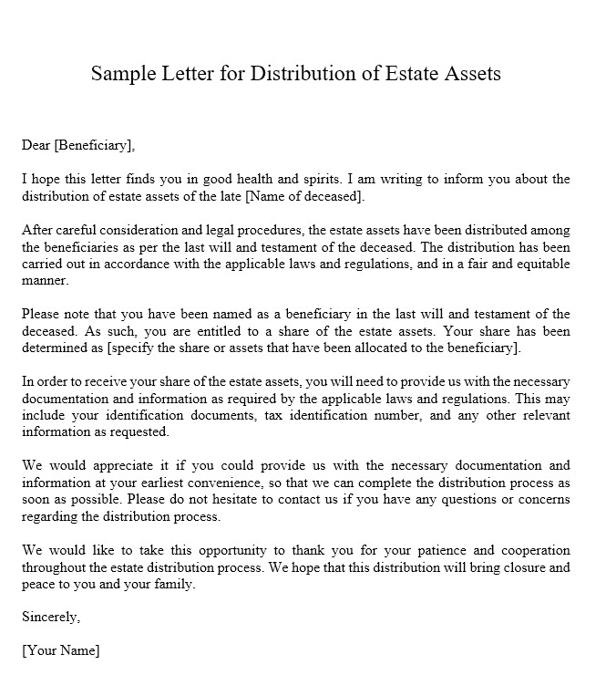 Sample Letter For Distribution Of Estate Assets