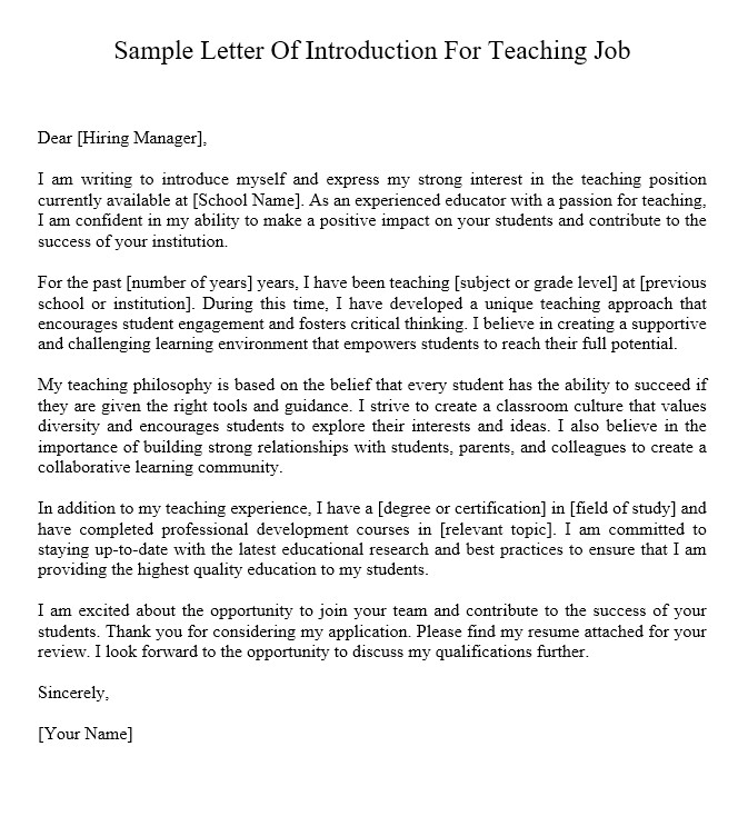 Sample Letter Of Introduction For Teaching Job