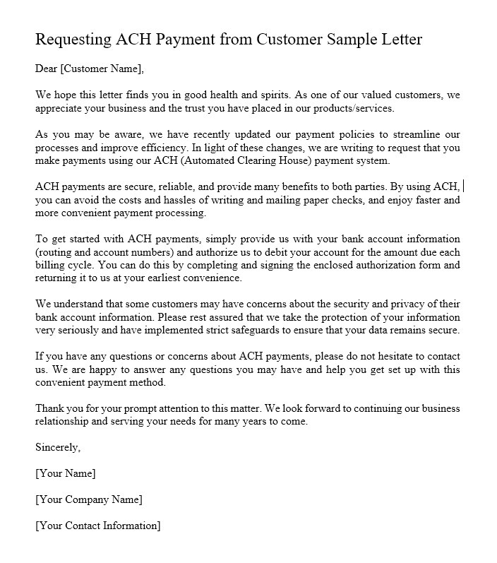 Sample Letter Requesting Ach Payment From Customer
