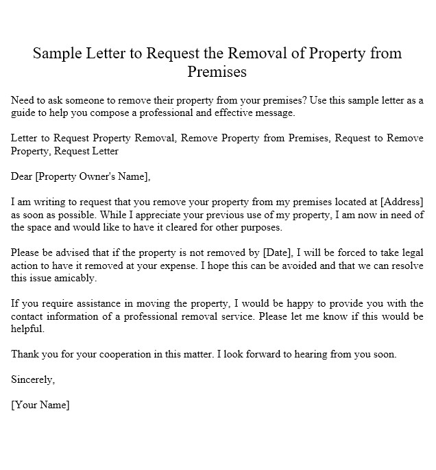 Sample Letter To Remove Property From Premises