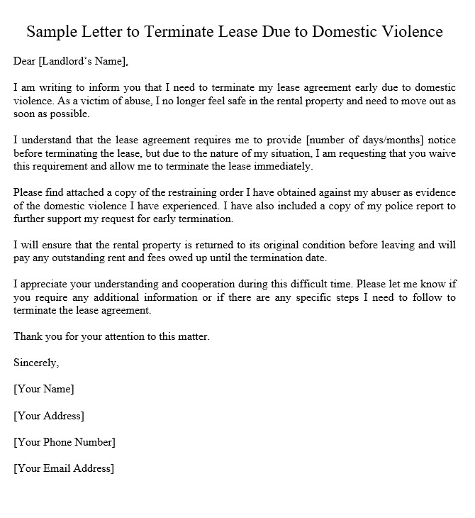 Sample Letter To Terminate Lease Due To Domestic Violence 1