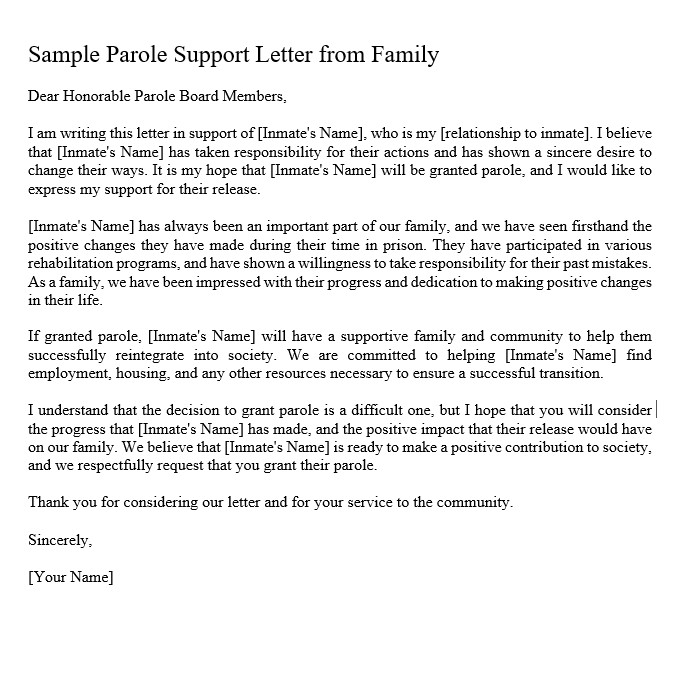 Sample Parole Support Letter From Family