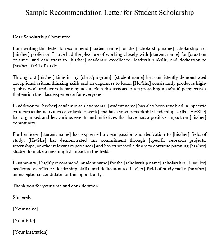 Sample Recommendation Letter For Student Scholarship