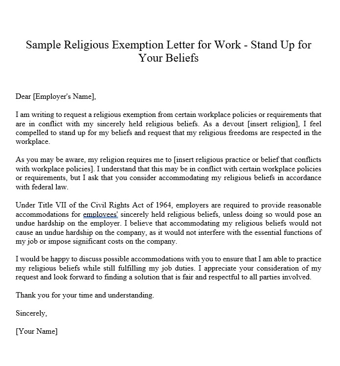 Sample Religious Exemption Letter For Work