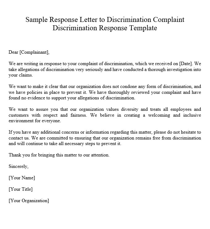 Sample Response Letter To Discrimination Complaint