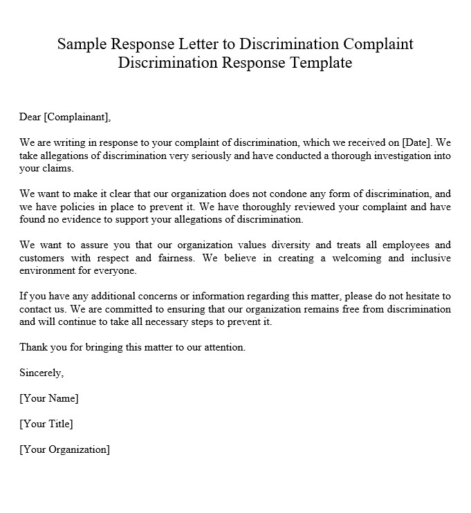 Sample Response Letter To Discrimination Complaint - Culturo Pedia