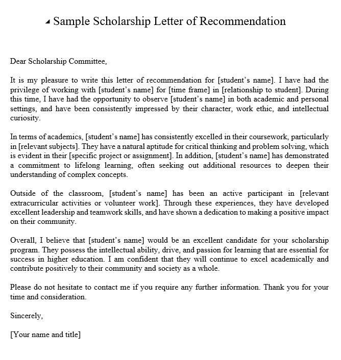 Sample Scholarship Letter Of Recommendation