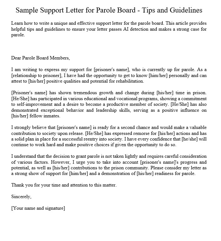 Sample Support Letter To Parole Board