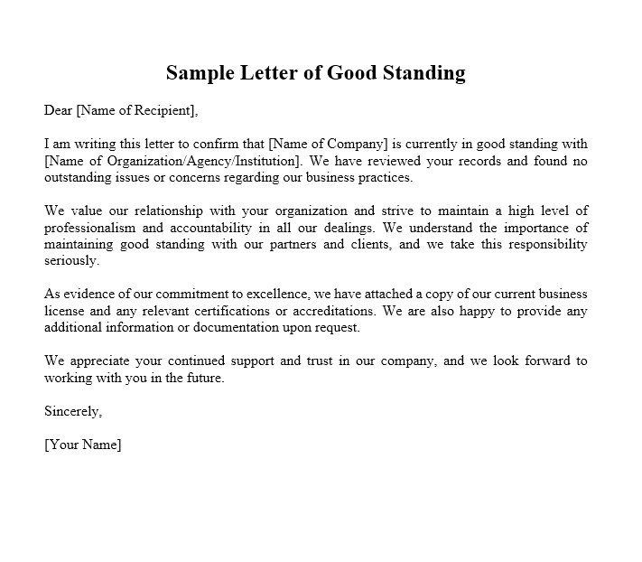 Sample Letter Of Good Standing
