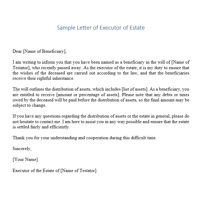 Sample Letter Of Executor Of Estate