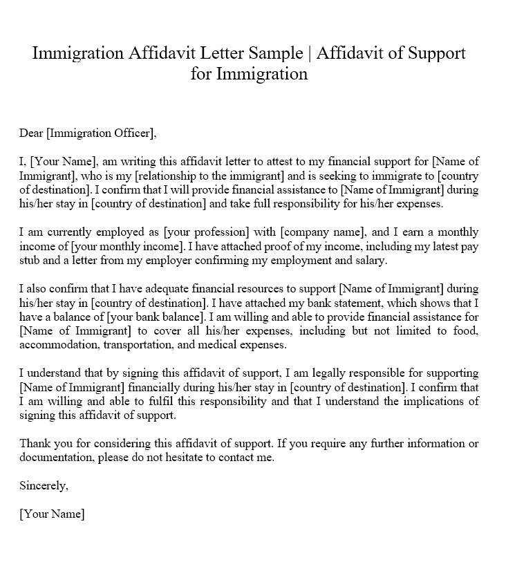 Immigration Affidavit Letter Sample Affidavit of Support for Immigration