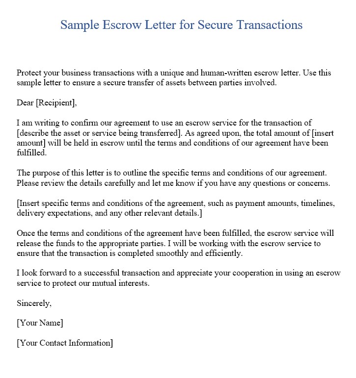 Sample Escrow Letter for Secure Transactions