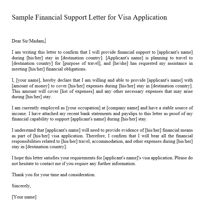 Sample Financial Support Letter for Visa Application