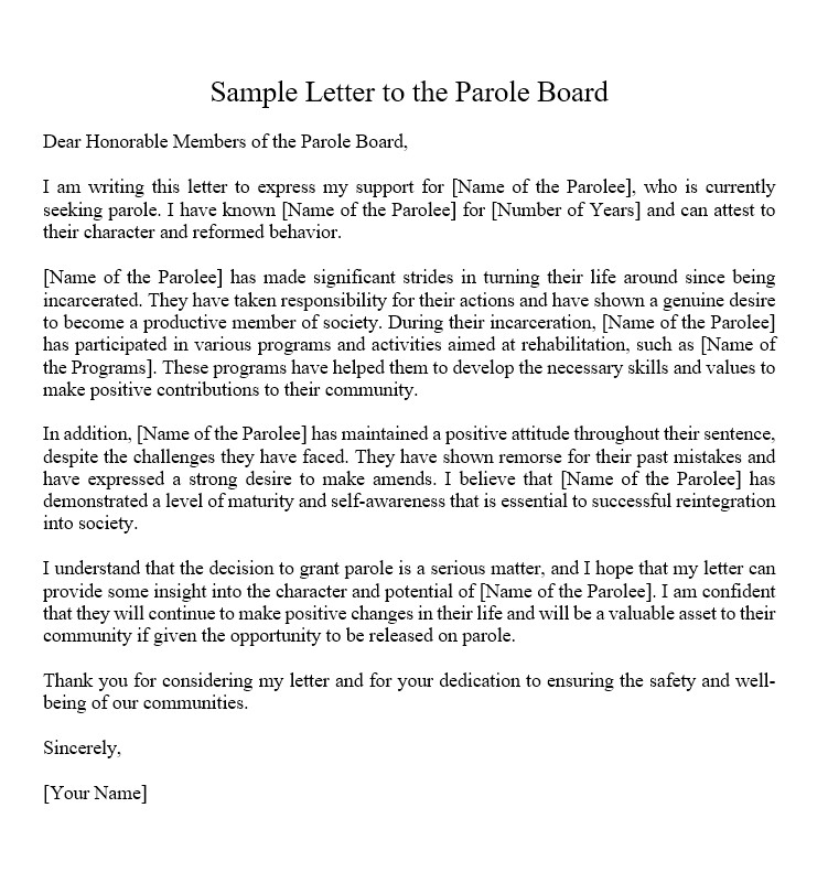 Sample Letter to the Parole Board