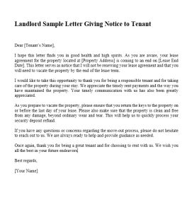 landlord sample letter giving notice to tenant