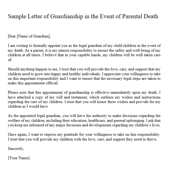 letter of guardianship if parents die sample