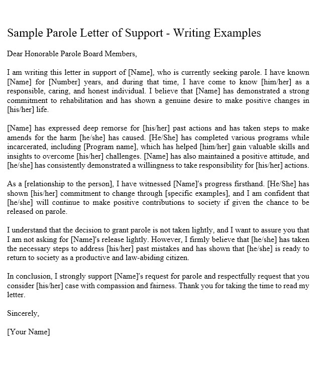 parole letter of support sample
