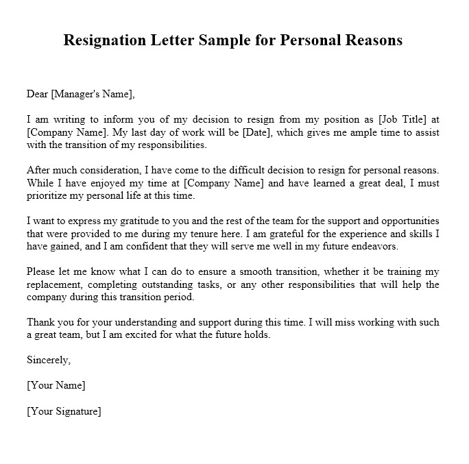 resignation letter sample for personal reasons