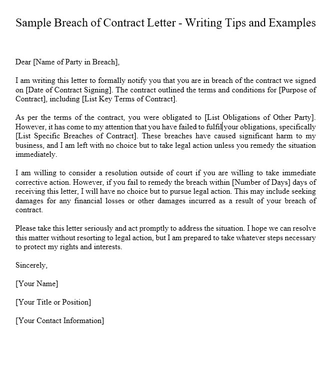 sample breach of contract letter