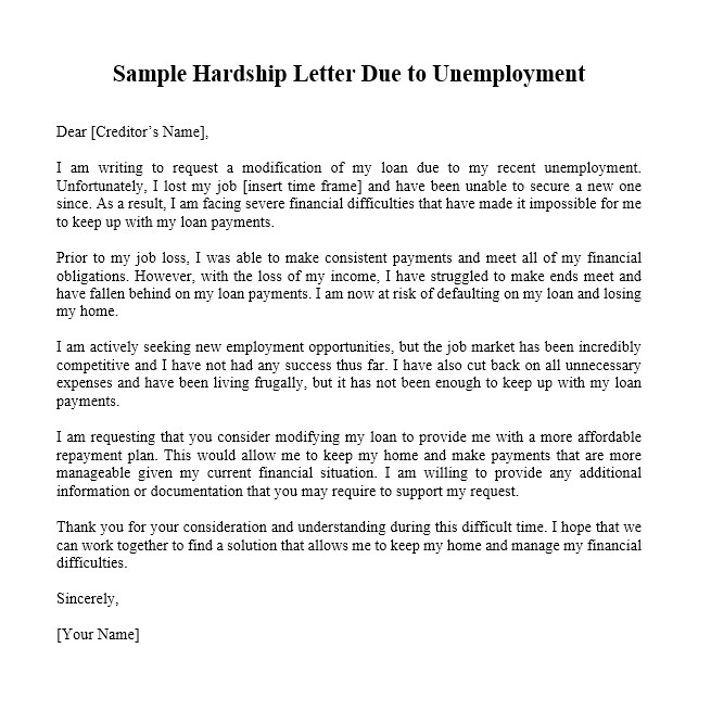 sample hardship letter due to unemployment