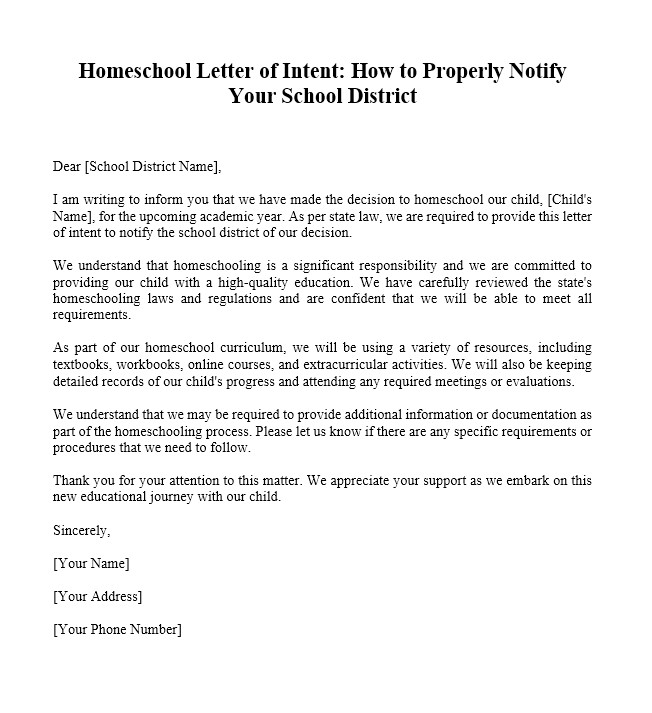 sample homeschool letter of intent