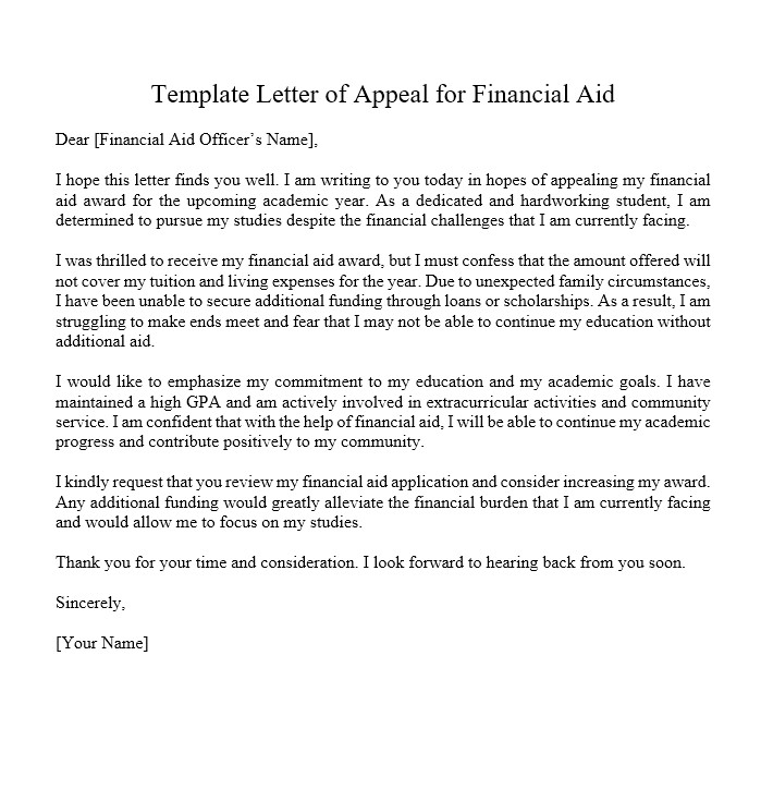 sample letter of appeal for financial aid