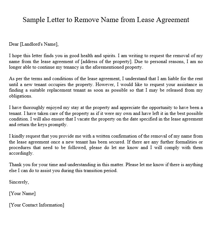 sample letter to remove name from lease