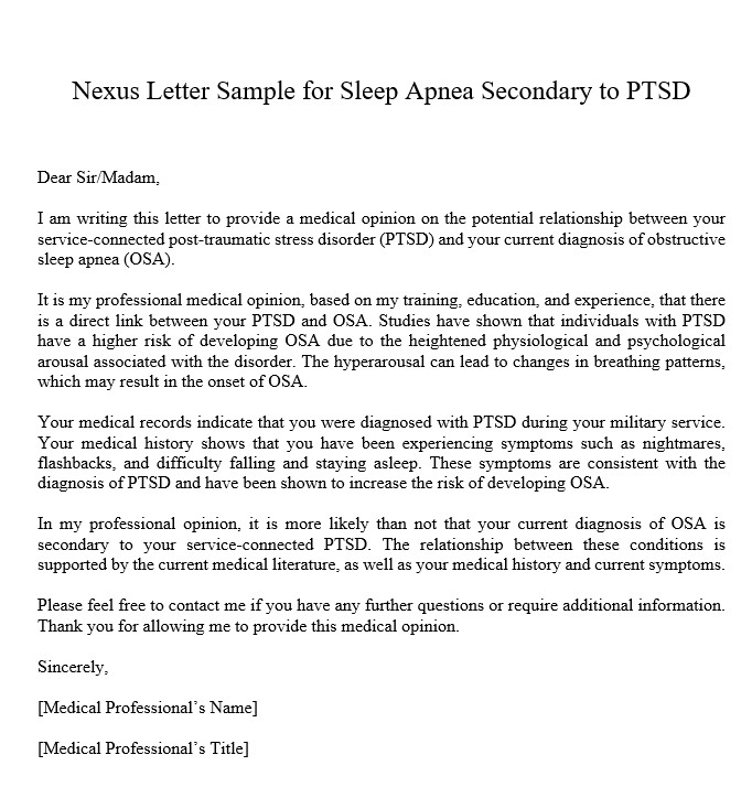 sample nexus letter for sleep apnea secondary to ptsd