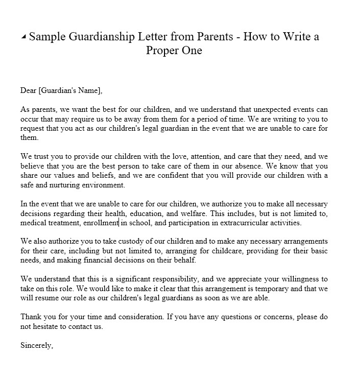 sample of guardianship letter from parents