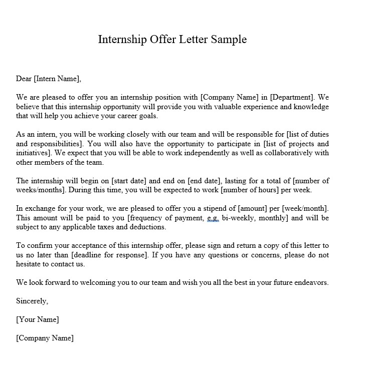 sample of internship offer letter